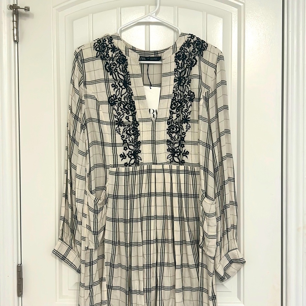 Zara Floral Embroidered Plaid Tunic Dress